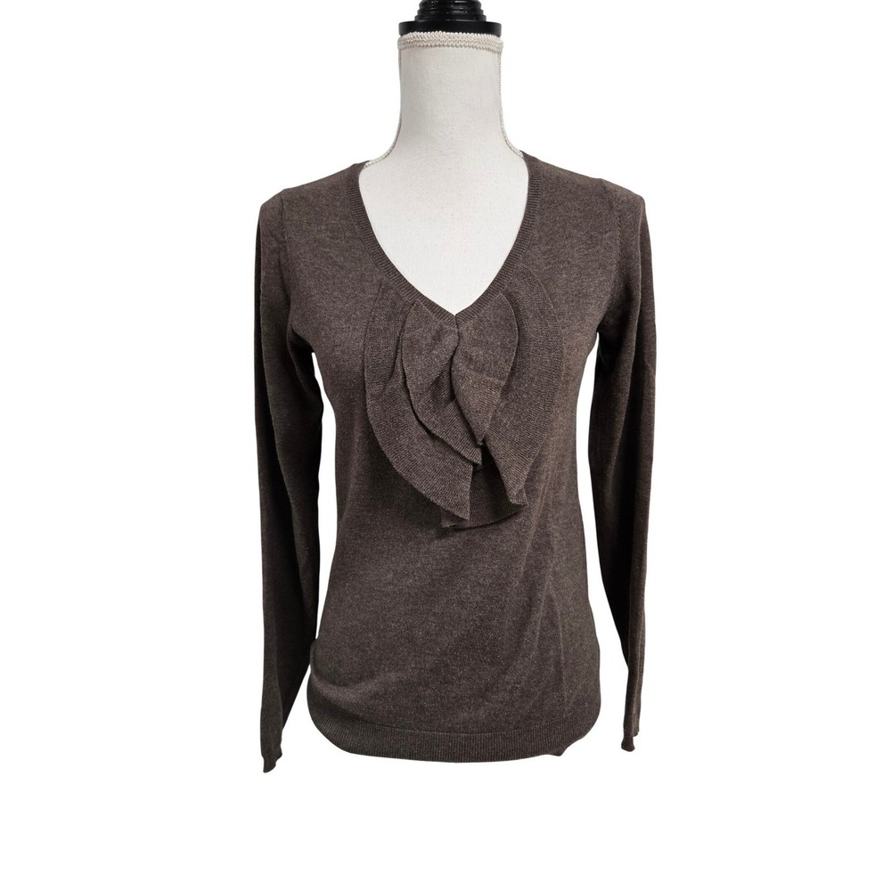 Lilla P Ruffle V-Neck Cotton Cashmere Blend Sweater Brown Womens Size XS